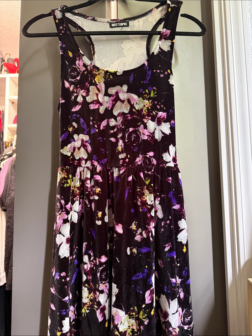 Hot Topic Black Velvet Floral Tank Dress with Pink & Purple Accents
